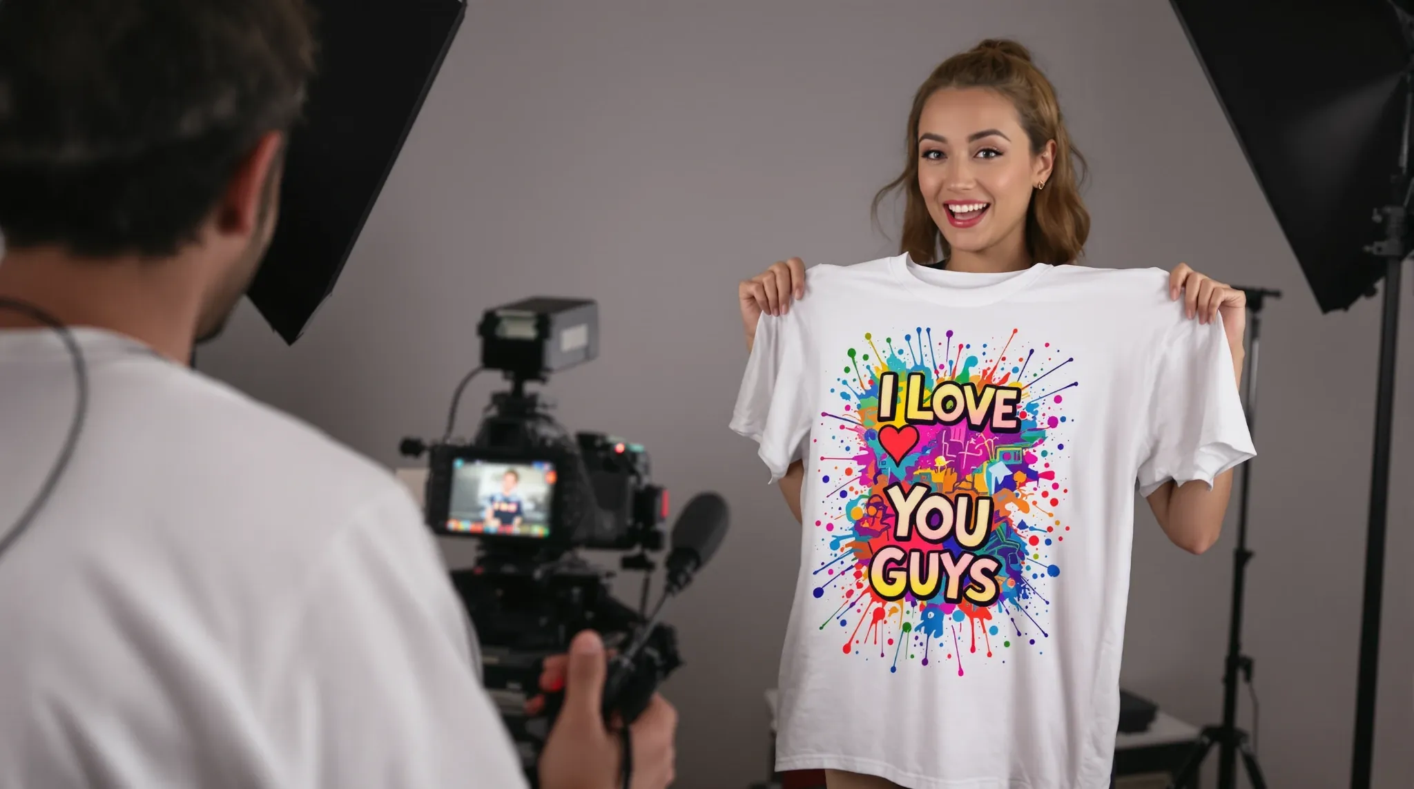 Influencer wearing coloring shirt, pointing to 'Like & Subscribe'